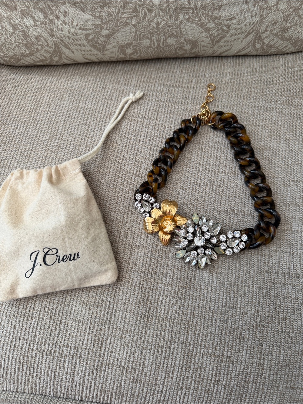 J. Crew Tortoiseshell Link Necklace with Gold Flower and Clear Crystals